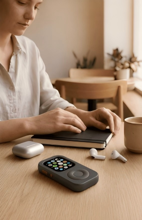 A space gray RePod-style product placed on a wooden desktop, next to white wireless earbuds and a silver charging case. In the background, a user is working on a laptop, creating a quiet and warm workspace scene.