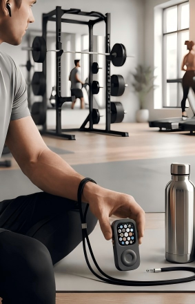 A man in a modern gym naturally holds a space gray RePod-style device beside a stainless steel water bottle and jump rope, with fitness equipment and people exercising in the background.