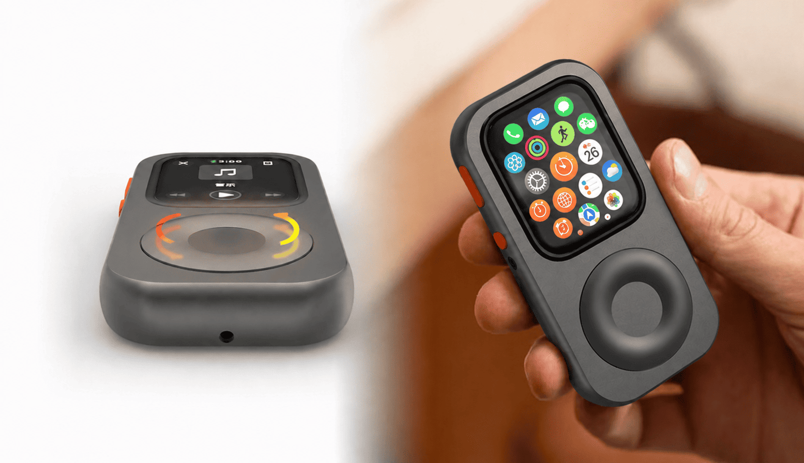 A space gray RePod-style device is shown in two lifestyle positions: one lying flat with a glowing scroll wheel effect, and another held in a hand with colorful app icons on the screen.
