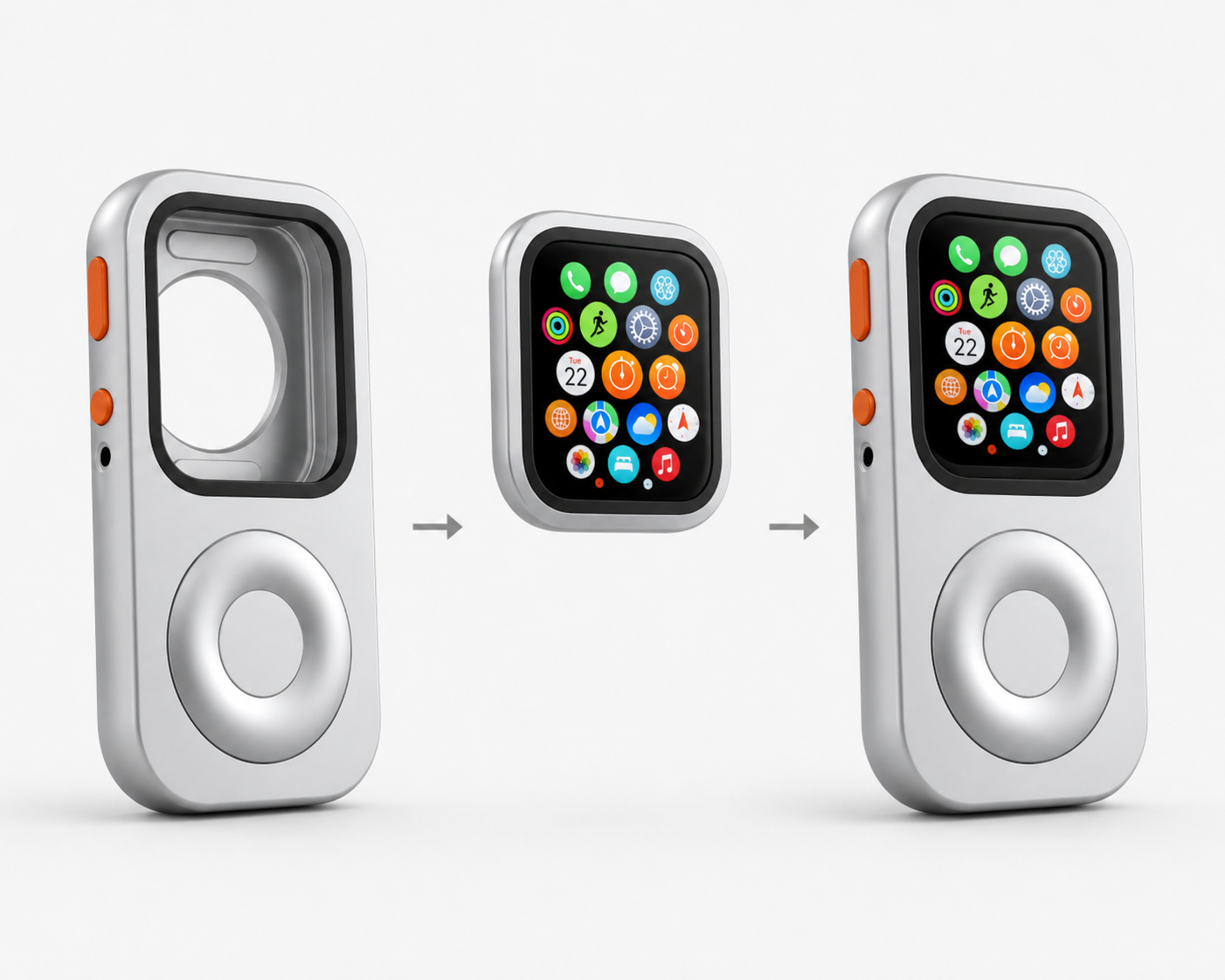 Apple Watch iPod case fit guide showing RePod case Apple Watch and completed device