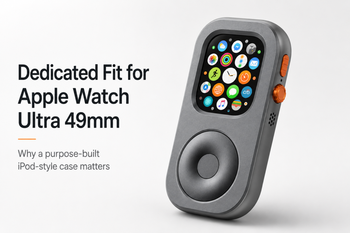 Apple Watch Ultra 49mm installed in a RePod iPod-style case with dedicated fit and scroll wheel design