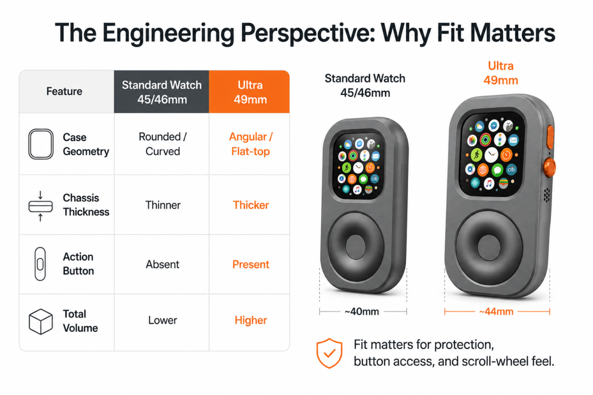 Comparison of Apple Watch Ultra 49mm and standard Apple Watch case geometry showing why dedicated RePod case fit matters