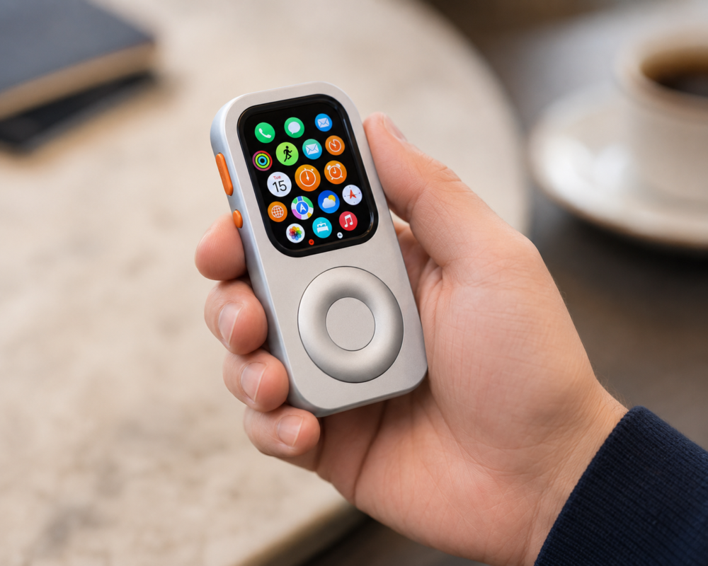 RePod Apple Watch iPod case held in one hand for compact everyday use