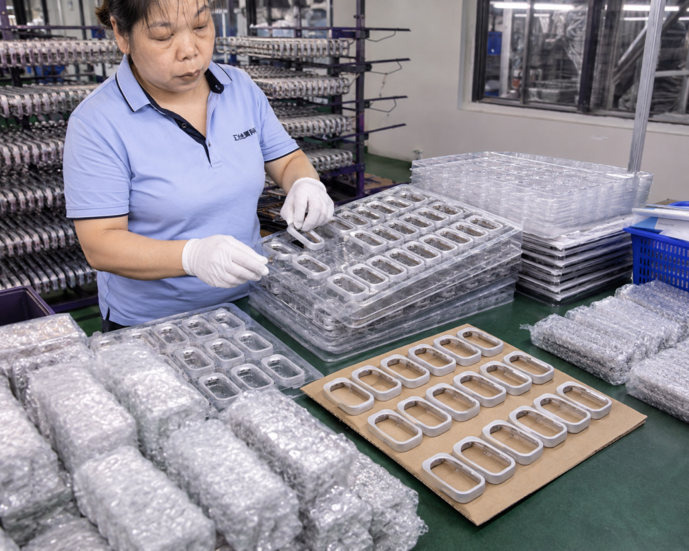 Factory worker inspecting RePod aluminum Apple Watch iPod case frames on production rack