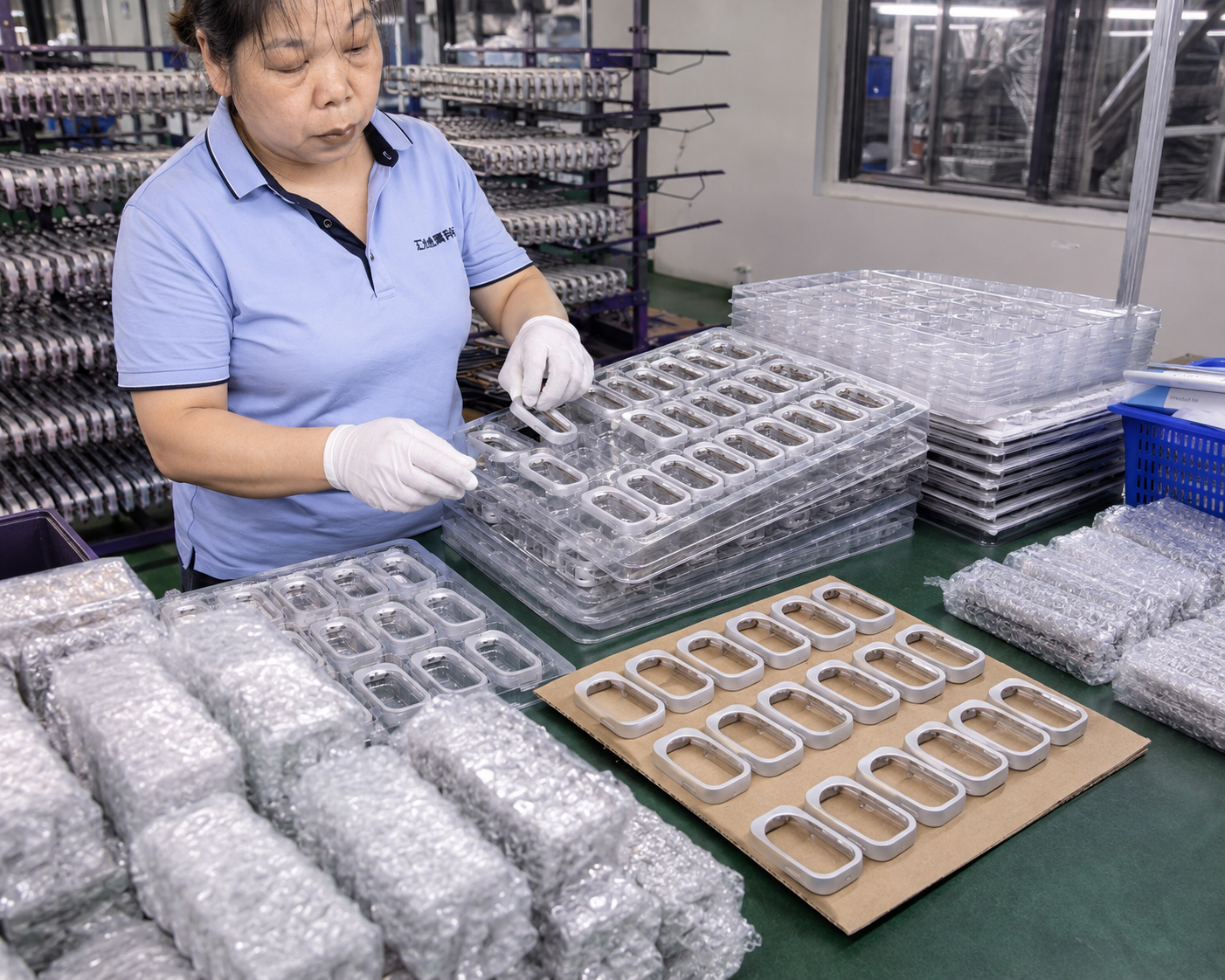 Factory worker inspecting RePod aluminum Apple Watch iPod case frames on production rack