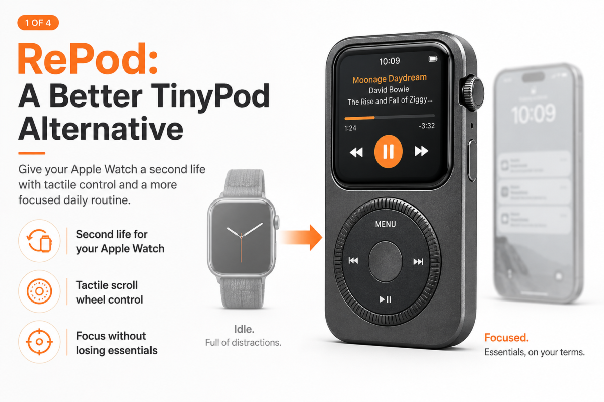 RePod scroll wheel control compared with Apple Watch touchscreen showing tactile navigation without blocking the small screen
