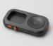 Titanium black RePod Apple Watch iPod-style case with scroll wheel and Hermes orange buttons on white background