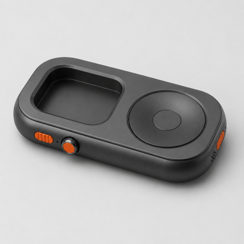 Titanium black RePod Apple Watch iPod-style case with scroll wheel and Hermes orange buttons on white background