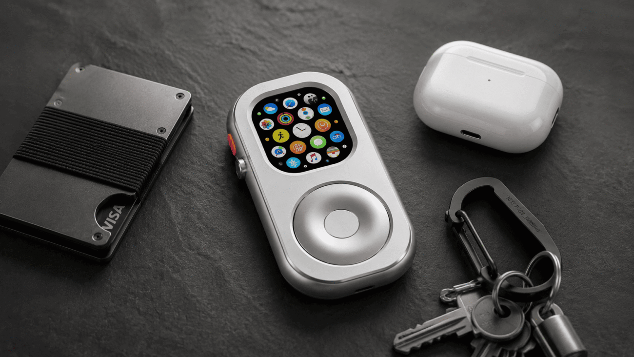 Minimalist phone-free EDC setup with RePod, Apple Watch Ultra, AirPods, slim wallet and keys
