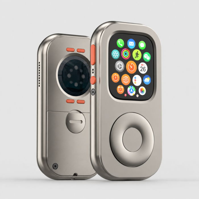 Titanium RePod C case shown from the front and back with an Apple Watch display