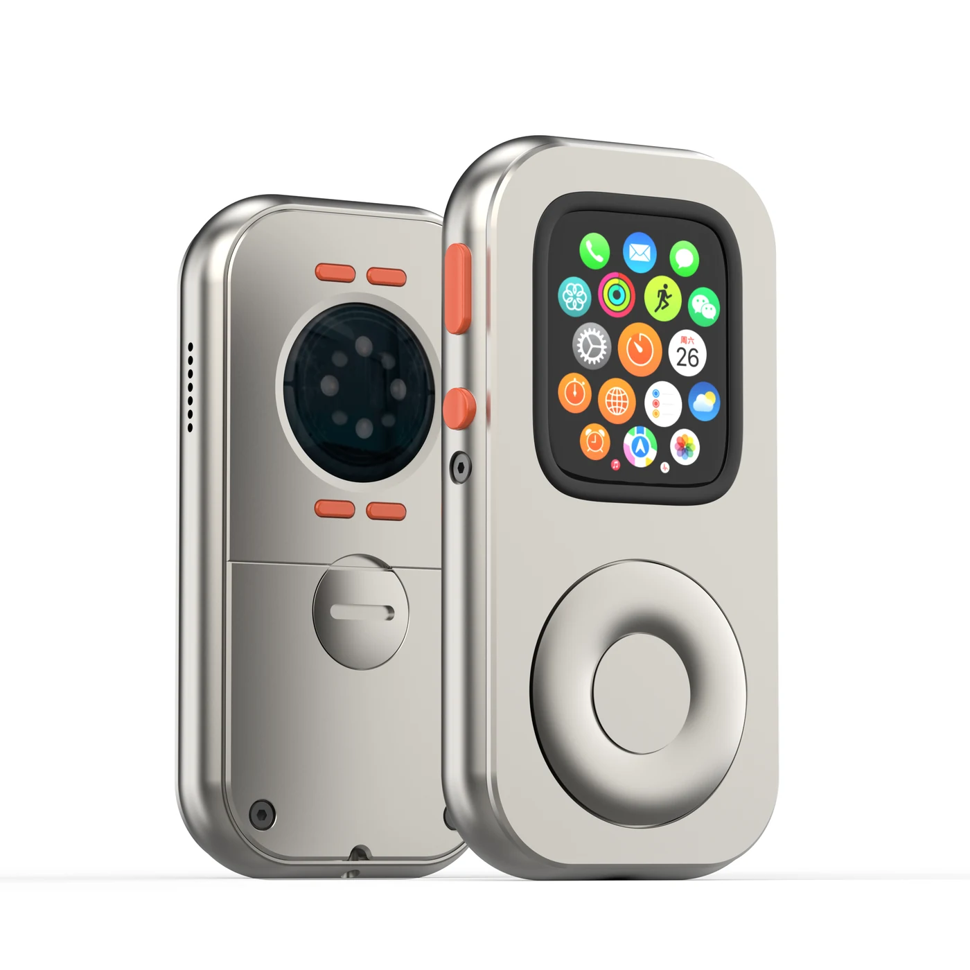 Front and rear views of RePod C fitted around an Apple Watch, showing the mechanical wheel and case.