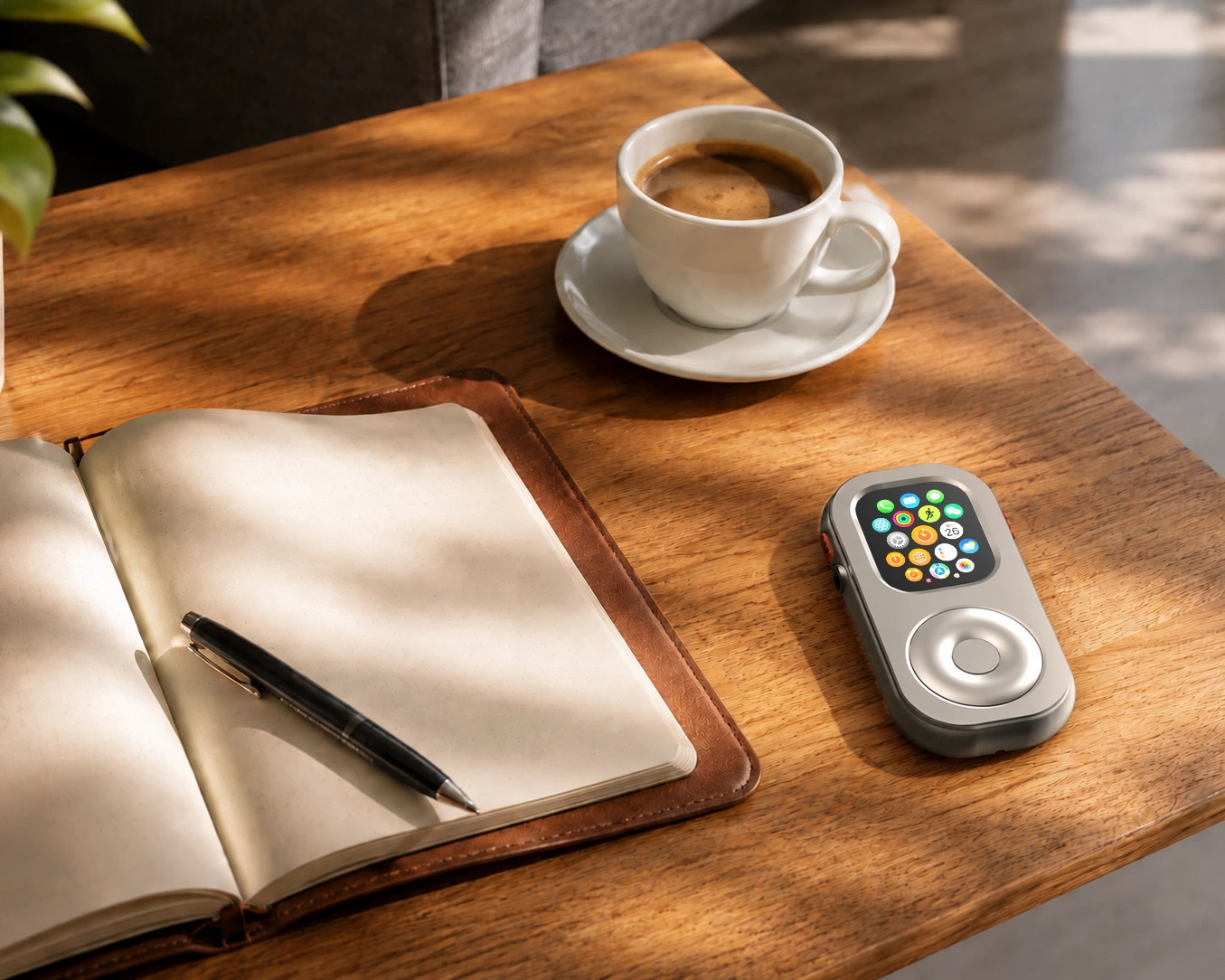 A RePod case illustrated on a cafe table beside a notebook and coffee.