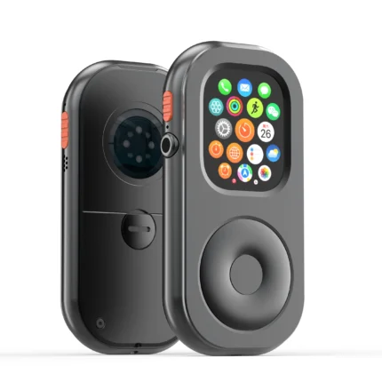 RePod U 49mm titanium black case with Apple Watch Ultra display, shown from front and back.