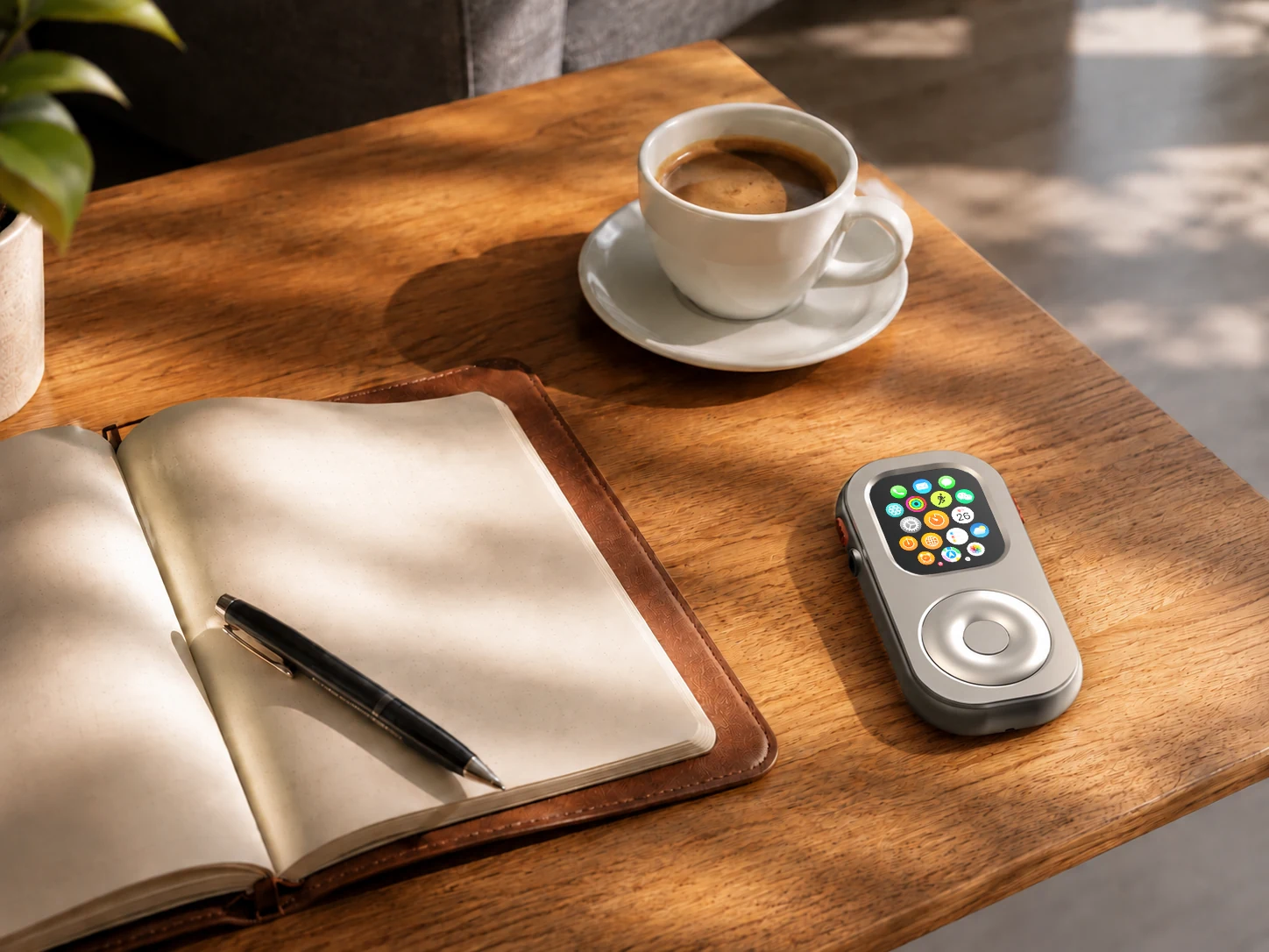 RePod Ultra lifestyle scene featuring person holding a wearable device, during a coffee outing in a digital-minimalism story.