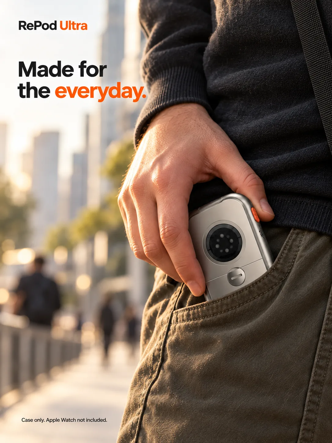 RePod Ultra product in use featuring person holding a wearable device, in an everyday-carry example related to digital-minimalism.