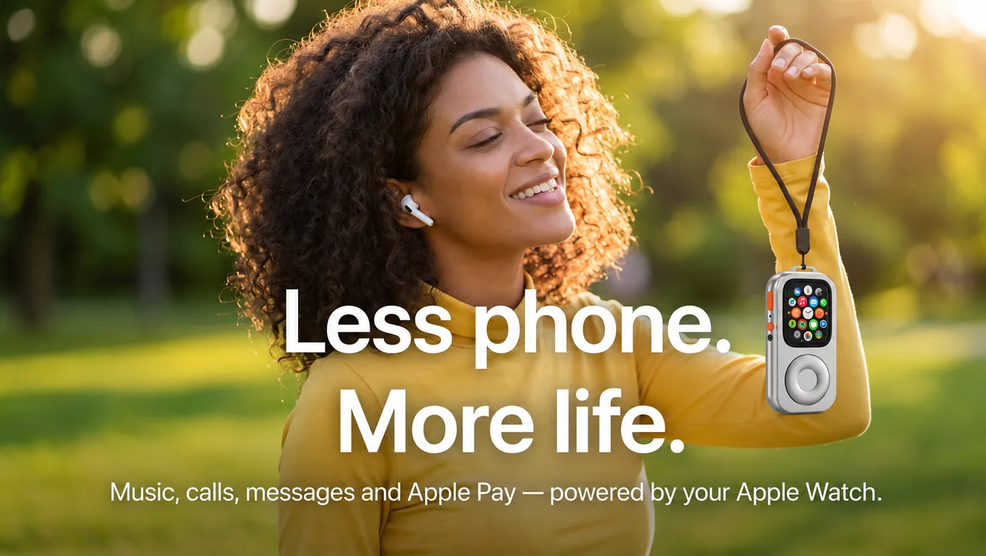RePod Ultra lifestyle scene featuring person holding a wearable device, outdoors as support for a digital-minimalism story.