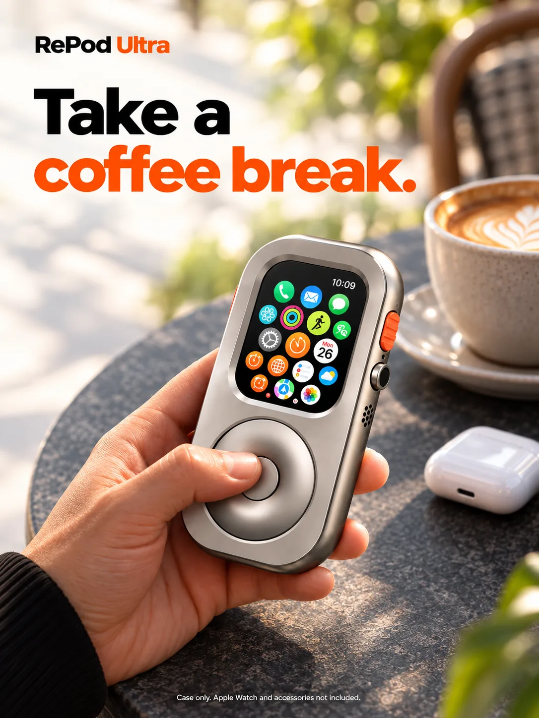 RePod Ultra product in use featuring person holding a wearable device, in a coffee scene for a C-versus-U comparison story.