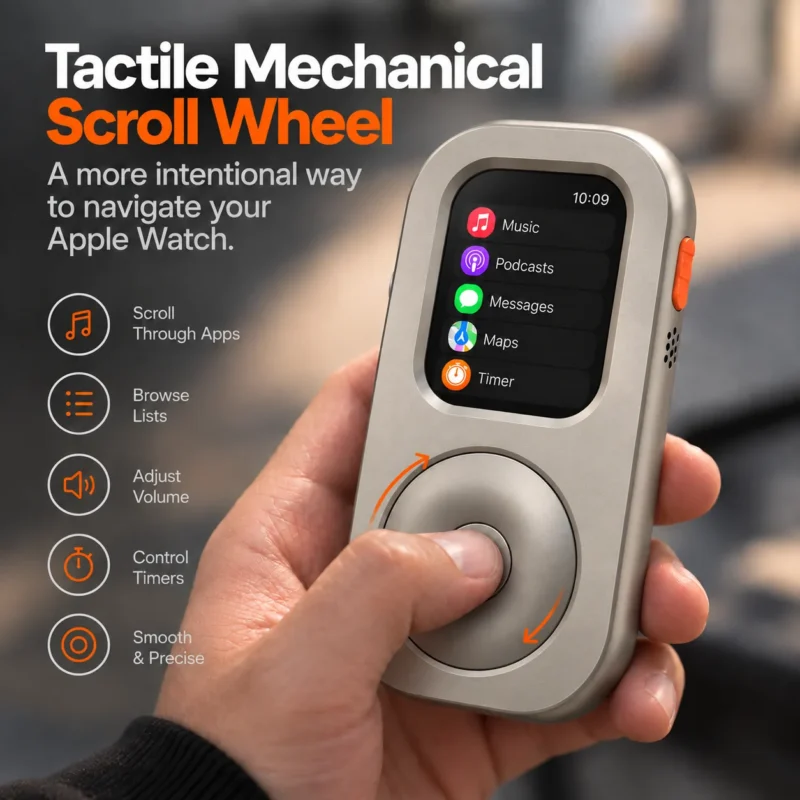 RePod Ultra Titanium scroll wheel detail featuring person holding a wearable device