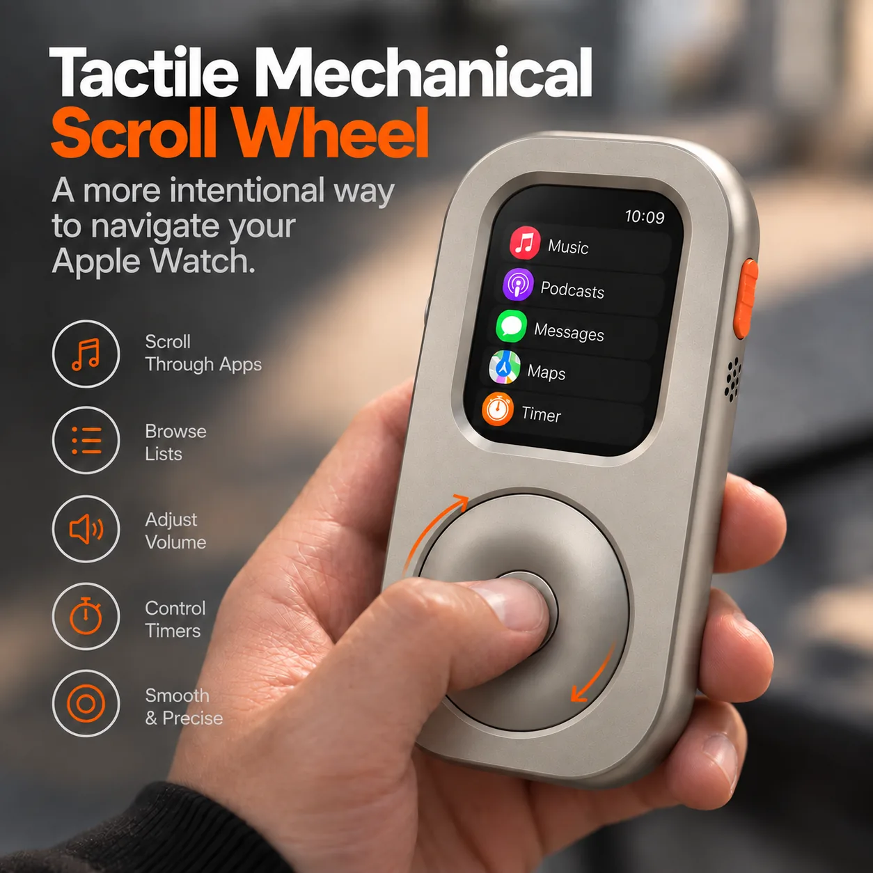 RePod Ultra Titanium scroll wheel detail featuring person holding a wearable device